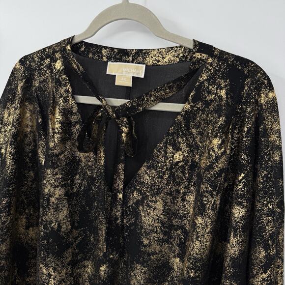 Michael Kors 3X Black Metallic Top Tie V Neck Dolman Sleeve Chiffon Smocked Hem - Picture 3 of 13